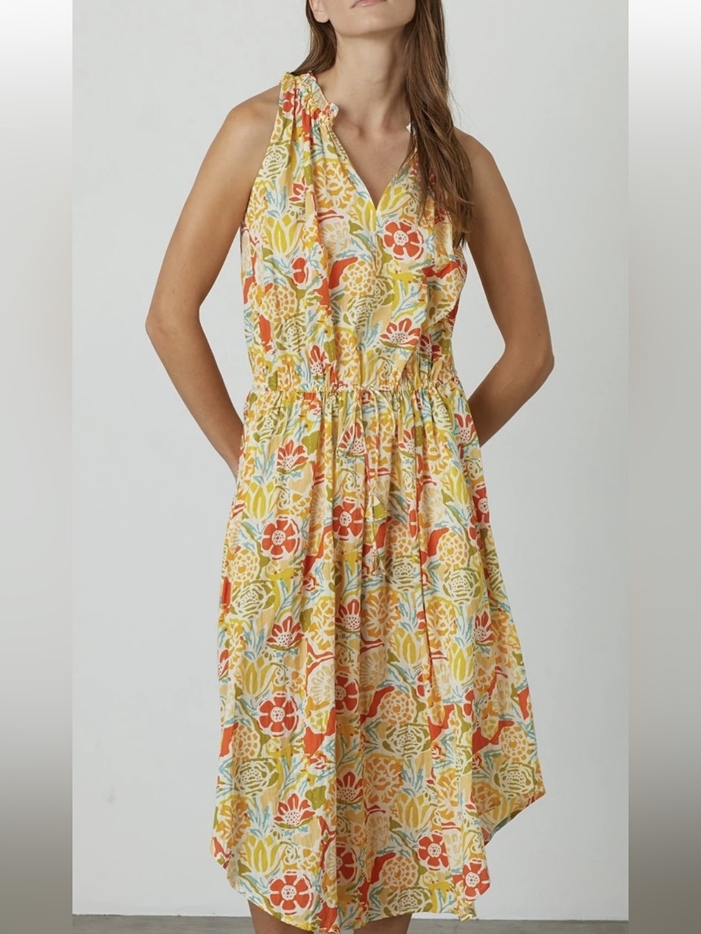 Yellow floral spring summer midi dress by Velvet size S